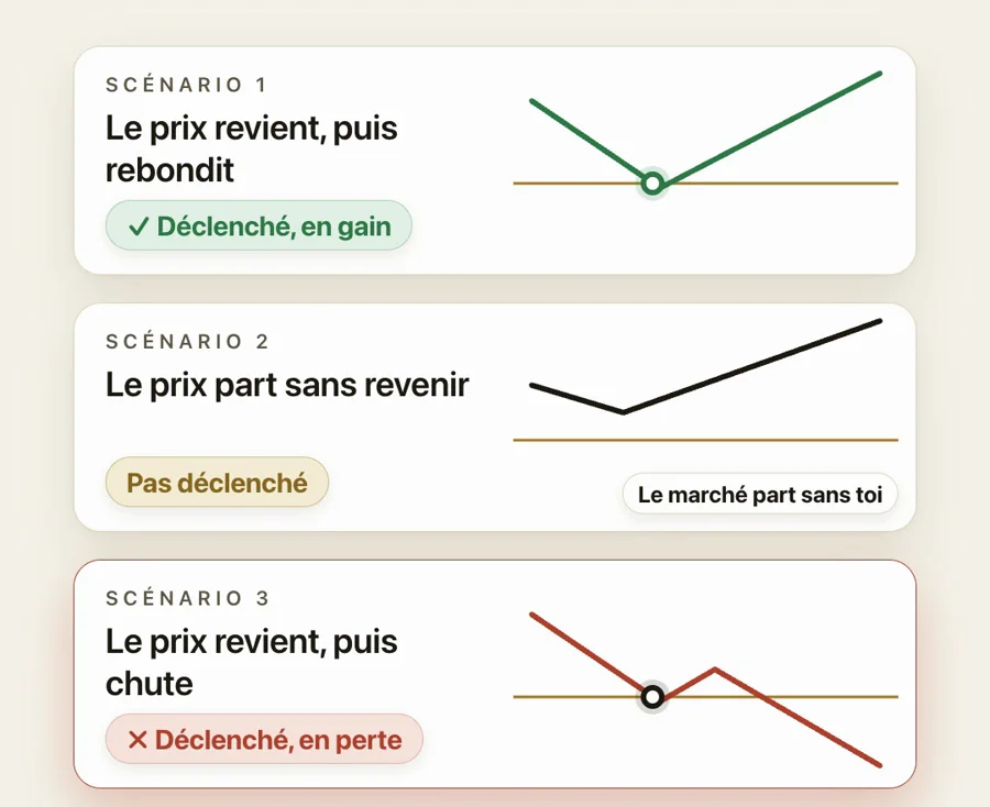 Trois scénarios : déclenché en gain, pas déclenché, déclenché en perte