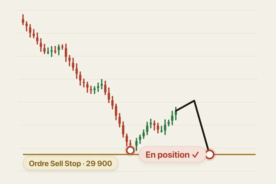 Le prix casse le plus bas et déclenche l'ordre Sell Stop à 29 900 : la position est ouverte