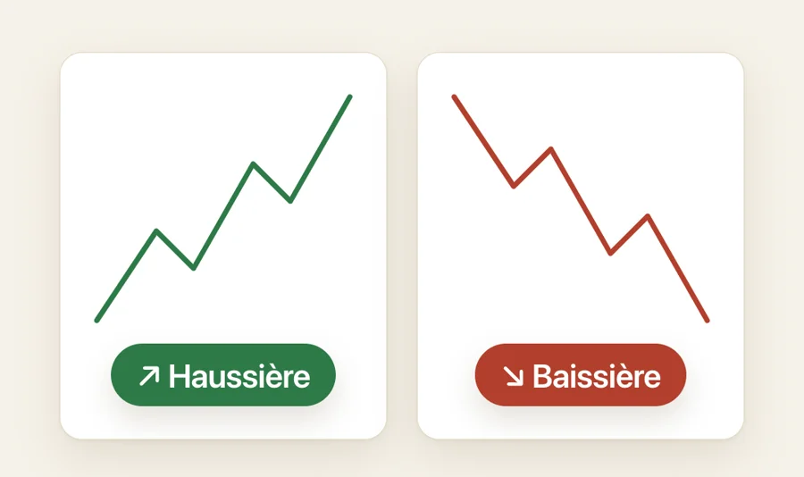 Deux cartes : une courbe qui monte en zigzag, la tendance haussière, et une courbe qui descend, la tendance baissière