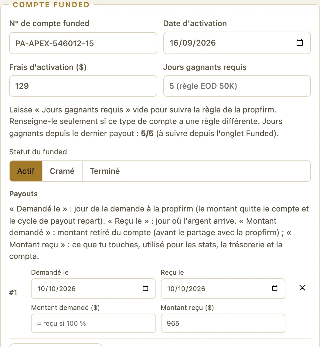 Partie Compte funded de la fiche avec un payout prérempli : demandé le, reçu le, montant demandé, montant reçu 965 $