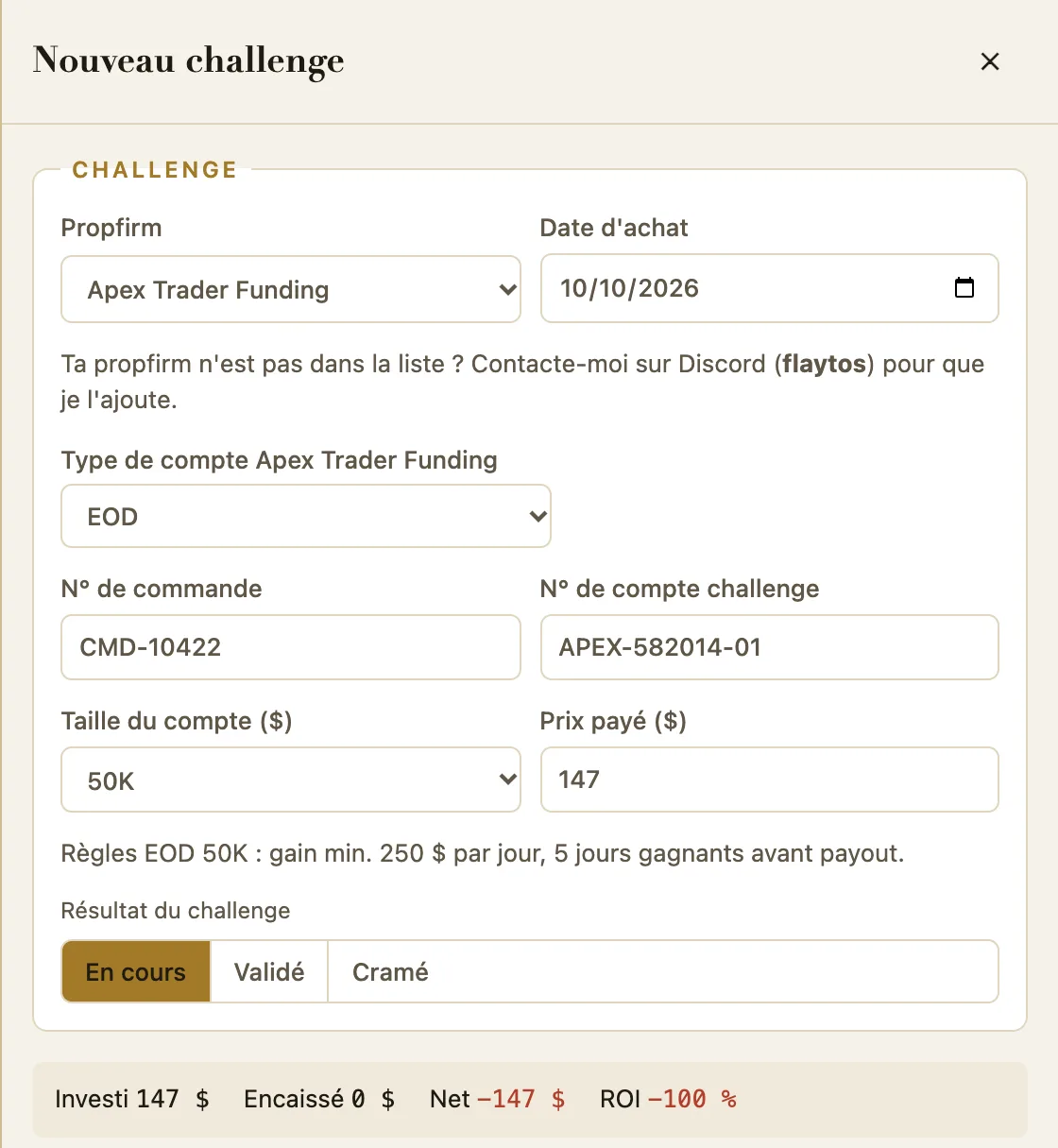 Formulaire Nouveau challenge rempli : Apex Trader Funding, type EOD, 50K, prix 147 $