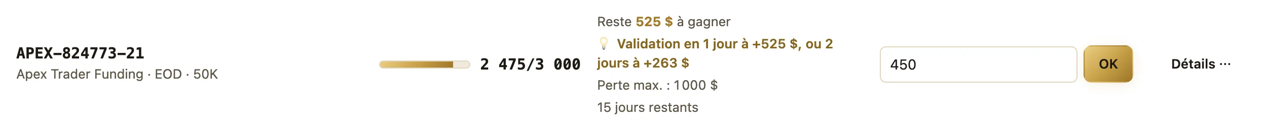 Ligne d'un challenge dans le Suivi : barre d'objectif 2 475 sur 3 000 $, conseil de validation, perte max. et jours restants
